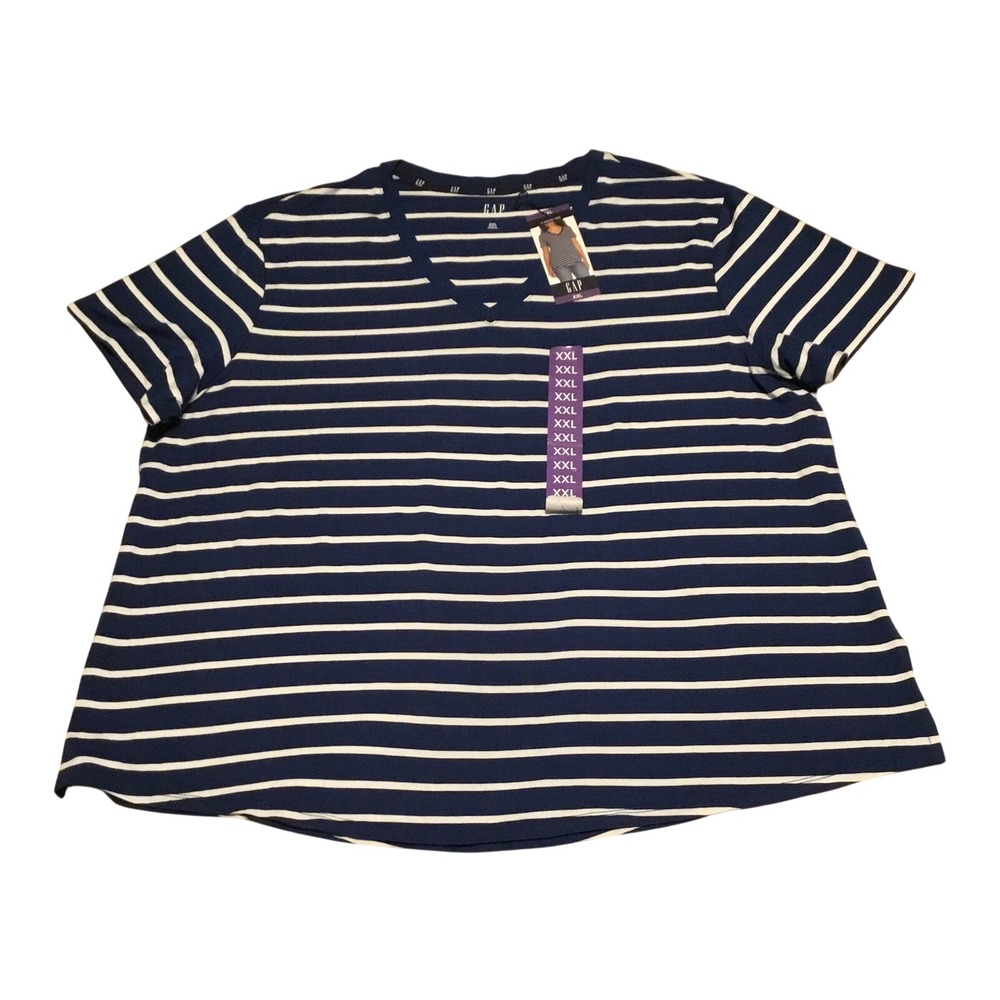 GAP‎ Navy Blue White Stripe V Neck T Shirt Top Plus Size XXL